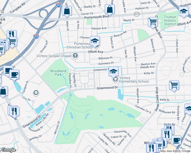 map of restaurants, bars, coffee shops, grocery stores, and more near 230 Foxglove Drive in Portsmouth
