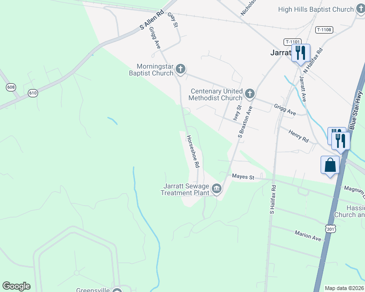 map of restaurants, bars, coffee shops, grocery stores, and more near 371 Horseshoe Road in Jarratt