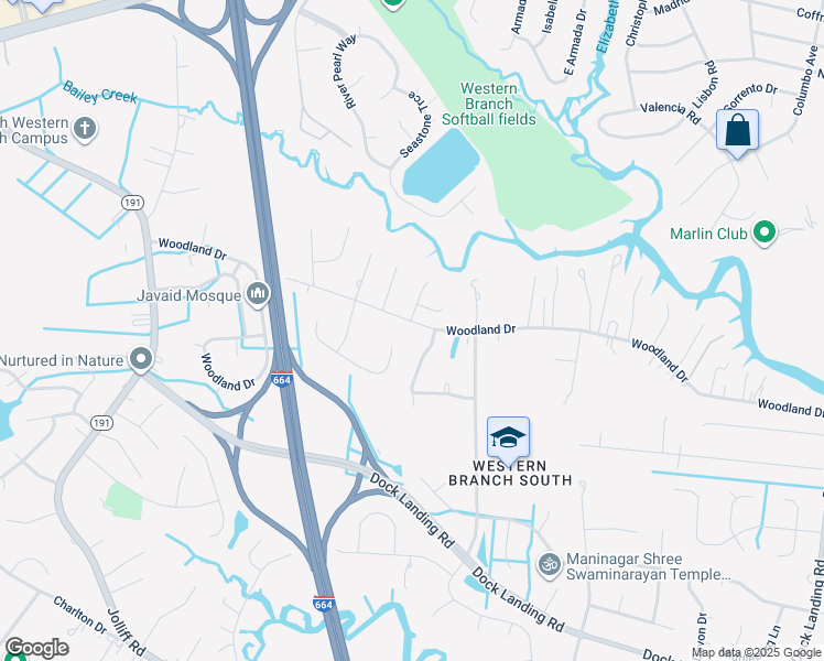 map of restaurants, bars, coffee shops, grocery stores, and more near 4329 Woodland Drive in Chesapeake
