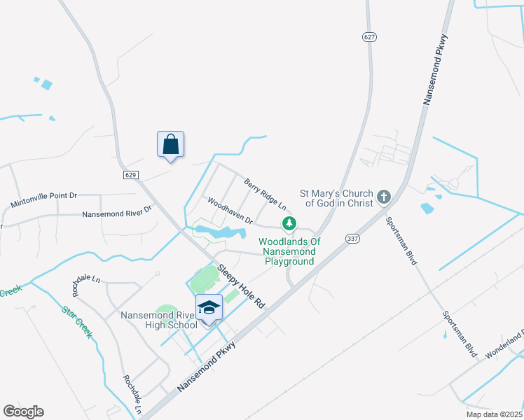 map of restaurants, bars, coffee shops, grocery stores, and more near 105 Cottondale Place in Suffolk
