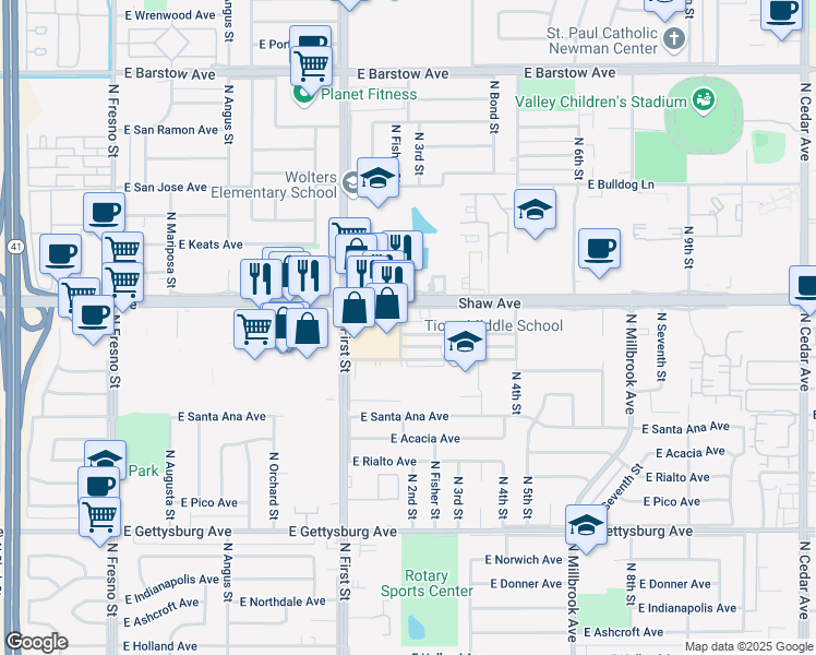 map of restaurants, bars, coffee shops, grocery stores, and more near 1077 East Shaw Avenue in Fresno