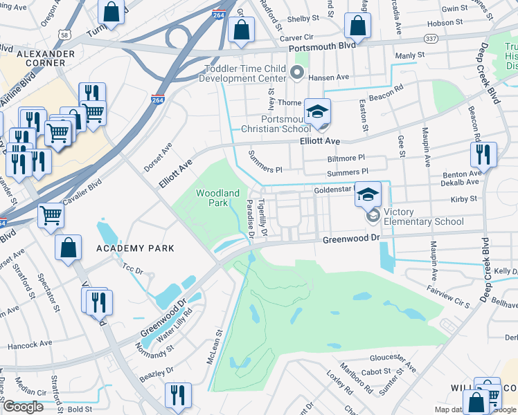 map of restaurants, bars, coffee shops, grocery stores, and more near 263 Tigerlilly Drive in Portsmouth