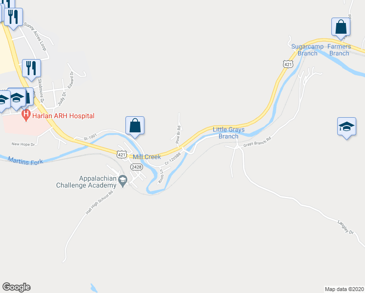 map of restaurants, bars, coffee shops, grocery stores, and more near 2501 U.S. 421 in Harlan