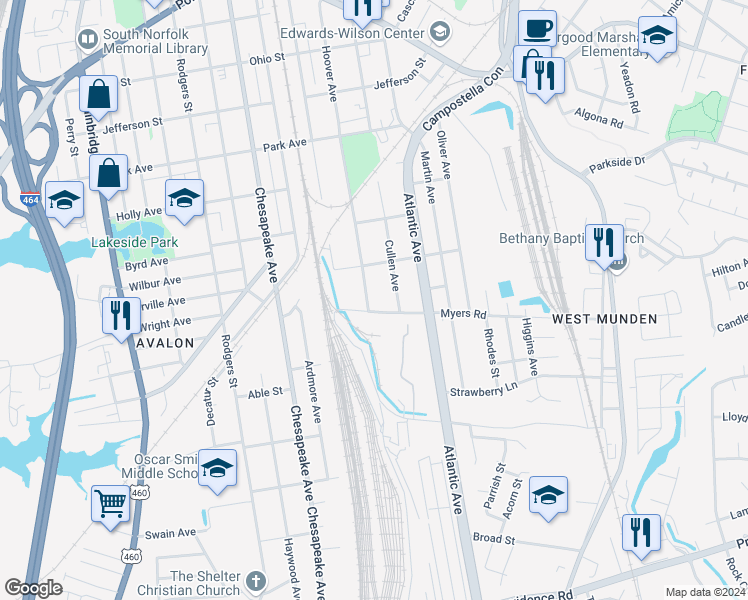 map of restaurants, bars, coffee shops, grocery stores, and more near 1746 Hoover Avenue in Chesapeake