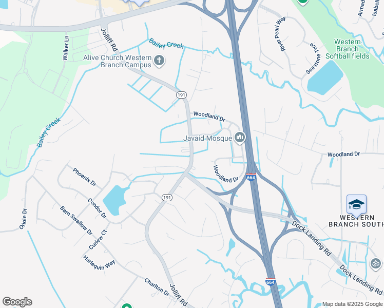map of restaurants, bars, coffee shops, grocery stores, and more near Jolliff Road in Chesapeake