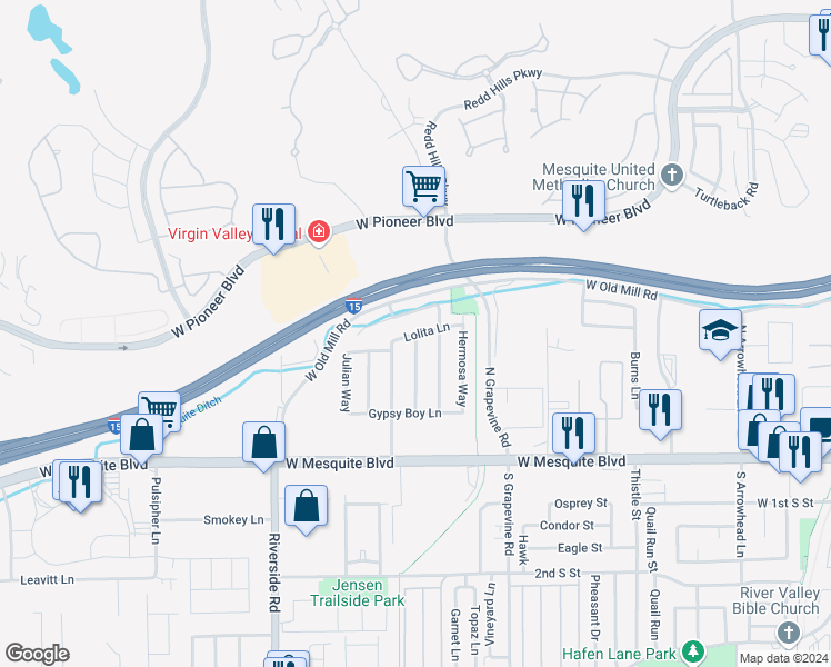 map of restaurants, bars, coffee shops, grocery stores, and more near 285 Hiawatha Way in Mesquite