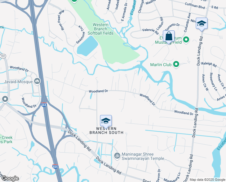 map of restaurants, bars, coffee shops, grocery stores, and more near 4237 Woodland Drive in Chesapeake