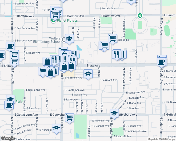 map of restaurants, bars, coffee shops, grocery stores, and more near 1209 East Shaw Avenue in Fresno