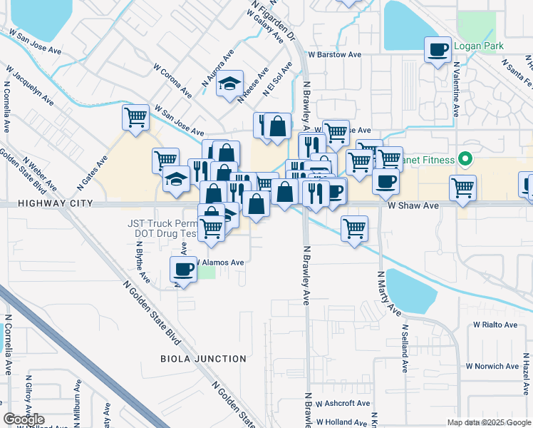 map of restaurants, bars, coffee shops, grocery stores, and more near 4102 West Shaw Avenue in Fresno