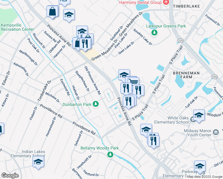 map of restaurants, bars, coffee shops, grocery stores, and more near 4689 Shallowford Circle in Virginia Beach