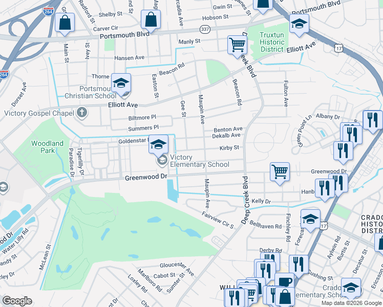 map of restaurants, bars, coffee shops, grocery stores, and more near 301 Gee Street in Portsmouth