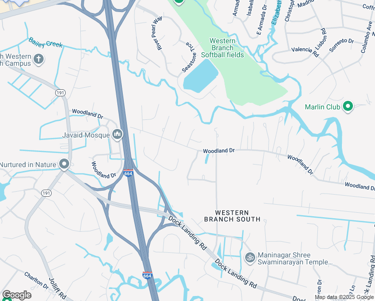 map of restaurants, bars, coffee shops, grocery stores, and more near 4329 Woodland Drive in Chesapeake