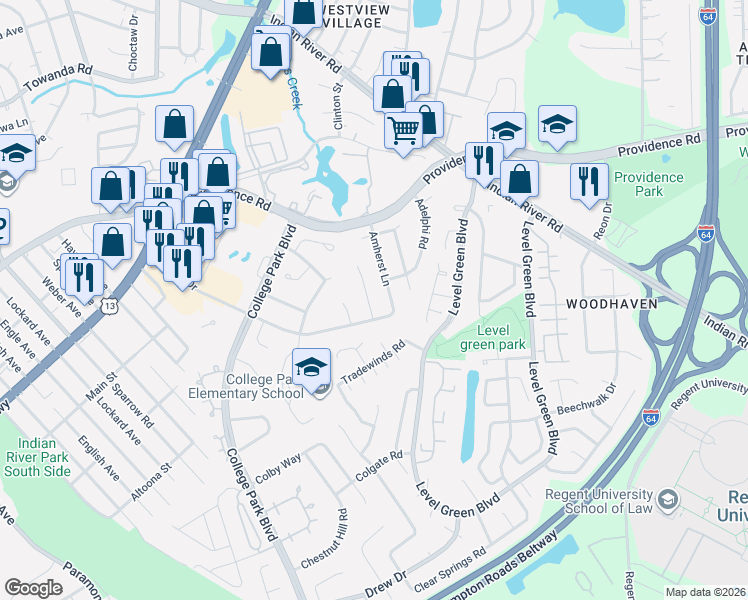 map of restaurants, bars, coffee shops, grocery stores, and more near 929 Amherst Lane in Virginia Beach
