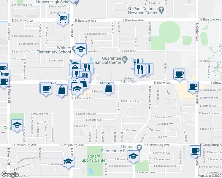 map of restaurants, bars, coffee shops, grocery stores, and more near 1289 East Shaw Avenue in Fresno