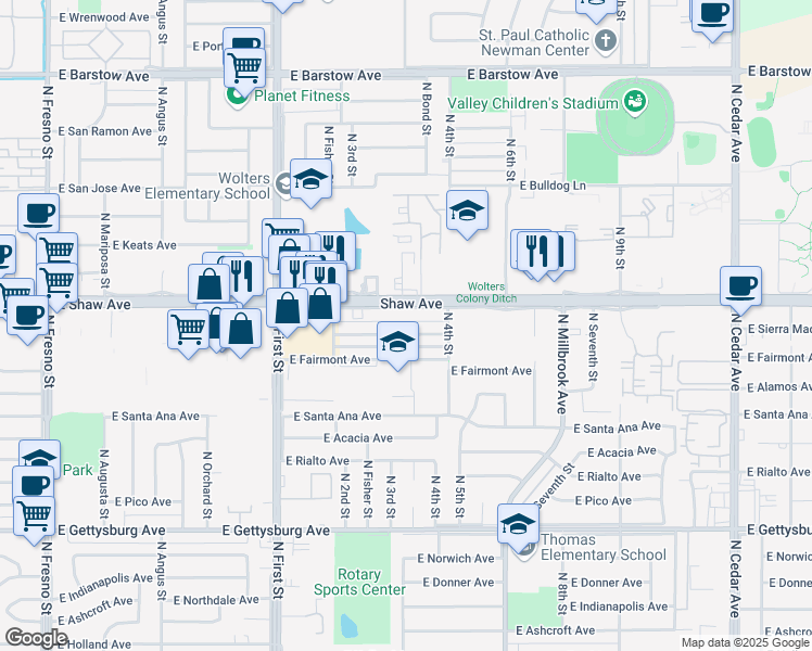 map of restaurants, bars, coffee shops, grocery stores, and more near 1209 East Shaw Avenue in Fresno
