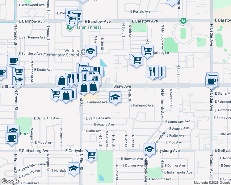map of restaurants, bars, coffee shops, grocery stores, and more near 1209 East Shaw Avenue in Fresno