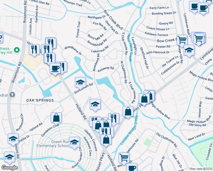 map of restaurants, bars, coffee shops, grocery stores, and more near 929 Pocasset Court in Virginia Beach