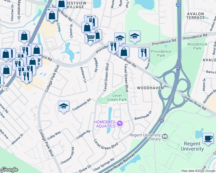 map of restaurants, bars, coffee shops, grocery stores, and more near 1009 Lockwood Court in Virginia Beach