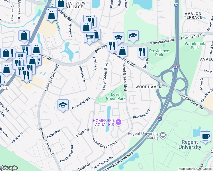 map of restaurants, bars, coffee shops, grocery stores, and more near 1009 Lockwood Court in Virginia Beach