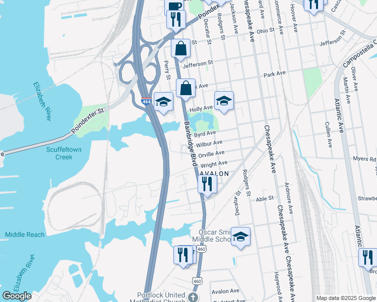 map of restaurants, bars, coffee shops, grocery stores, and more near 1700 Monticello Street in Chesapeake