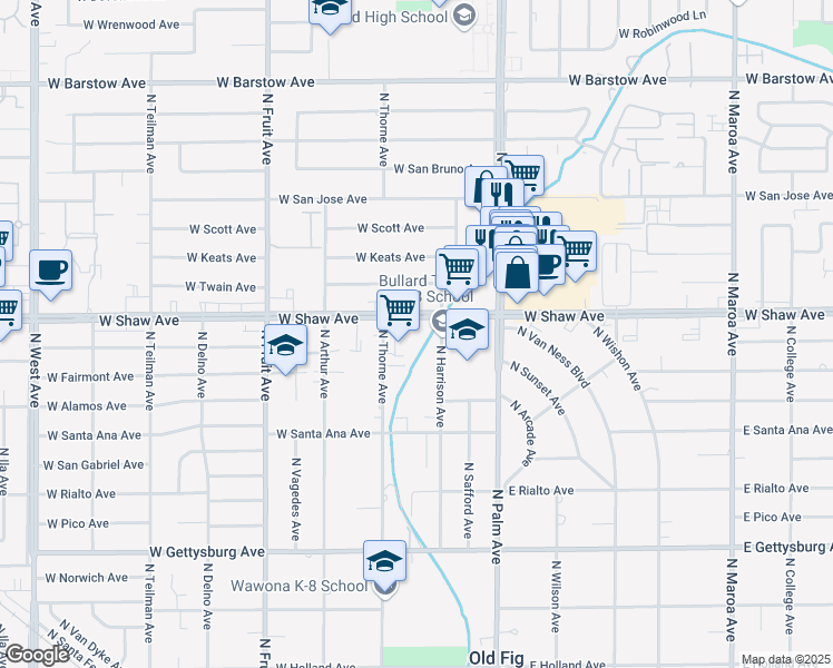 map of restaurants, bars, coffee shops, grocery stores, and more near 1100 West Shaw Avenue in Fresno