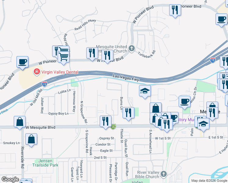 map of restaurants, bars, coffee shops, grocery stores, and more near 518 Paintbrush Way in Mesquite