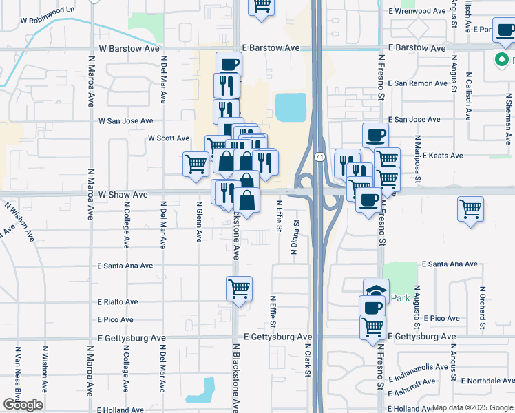 map of restaurants, bars, coffee shops, grocery stores, and more near 47 East Shaw Avenue in Fresno
