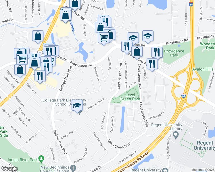 map of restaurants, bars, coffee shops, grocery stores, and more near 1012 Antioch Circle in Virginia Beach
