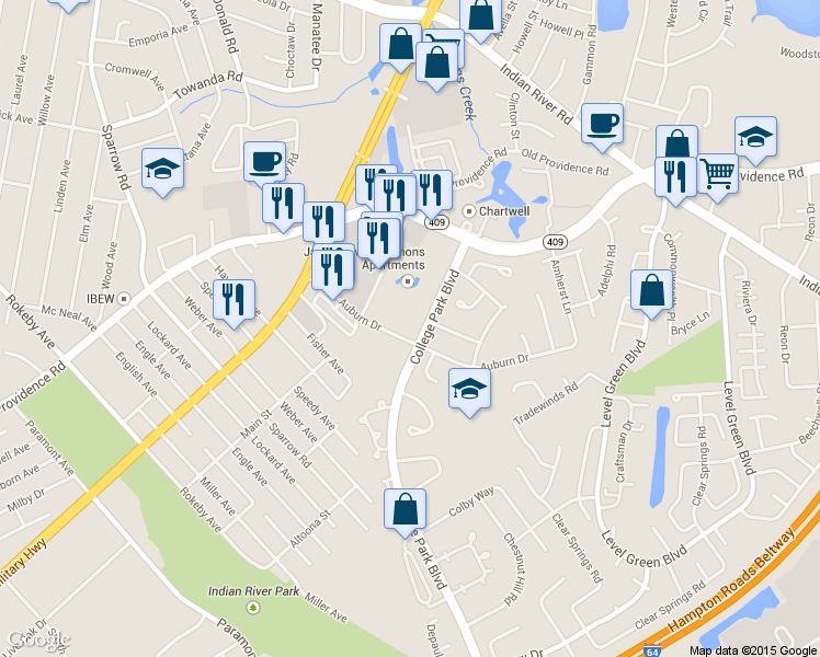 map of restaurants, bars, coffee shops, grocery stores, and more near 6400 Auburn Drive in Virginia Beach