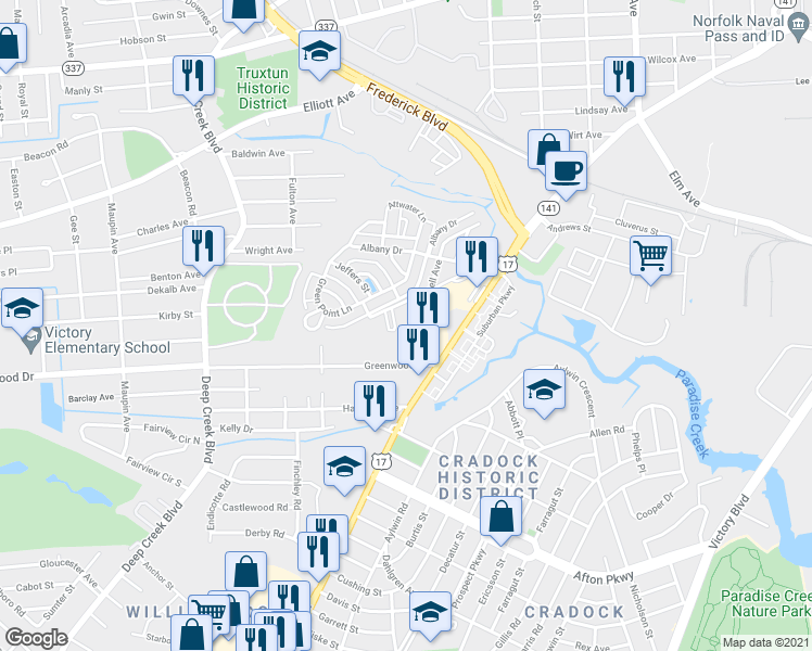 map of restaurants, bars, coffee shops, grocery stores, and more near 301 Ansell Avenue in Portsmouth