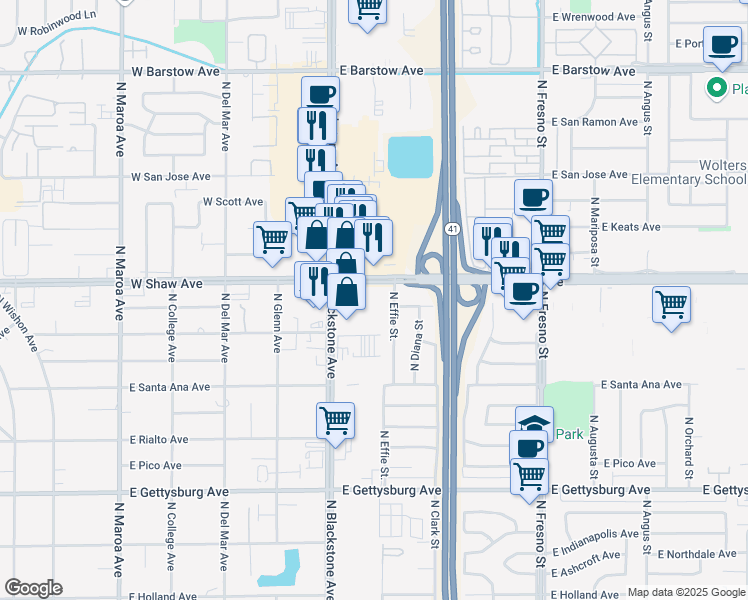 map of restaurants, bars, coffee shops, grocery stores, and more near 47 East Shaw Avenue in Fresno