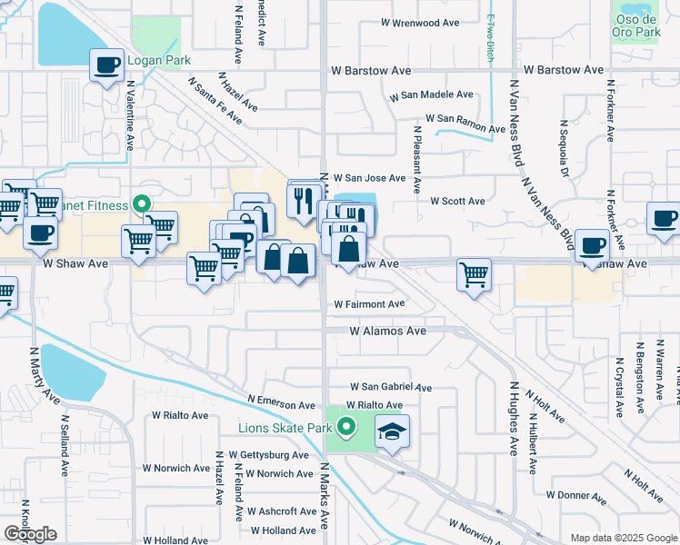 map of restaurants, bars, coffee shops, grocery stores, and more near 2765 West Shaw Avenue in Fresno