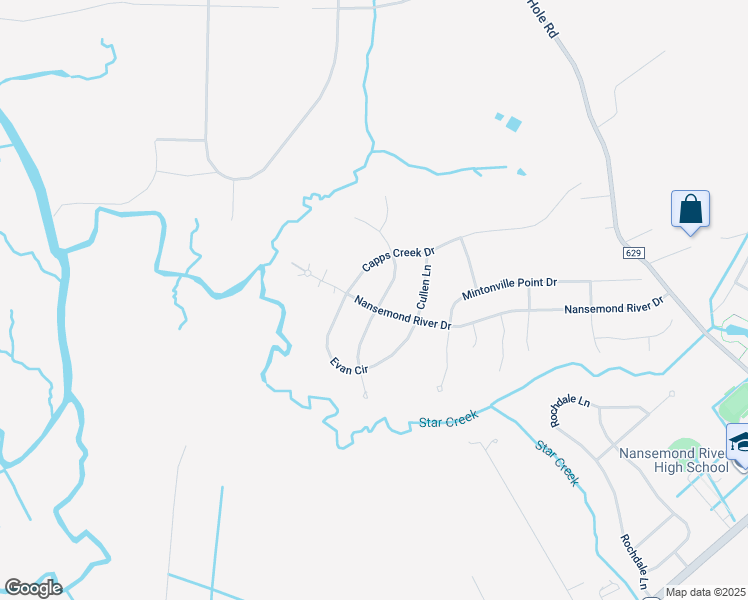 map of restaurants, bars, coffee shops, grocery stores, and more near 4301 Edgewater Lane in Suffolk