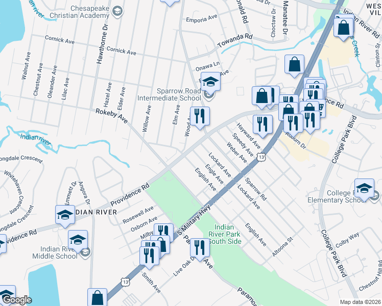 map of restaurants, bars, coffee shops, grocery stores, and more near 1620 Wood Avenue in Chesapeake