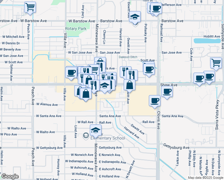 map of restaurants, bars, coffee shops, grocery stores, and more near 150-198 Shaw Avenue in Clovis