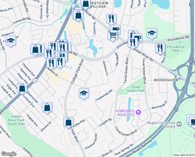 map of restaurants, bars, coffee shops, grocery stores, and more near 1001 Bennington Circle in Virginia Beach