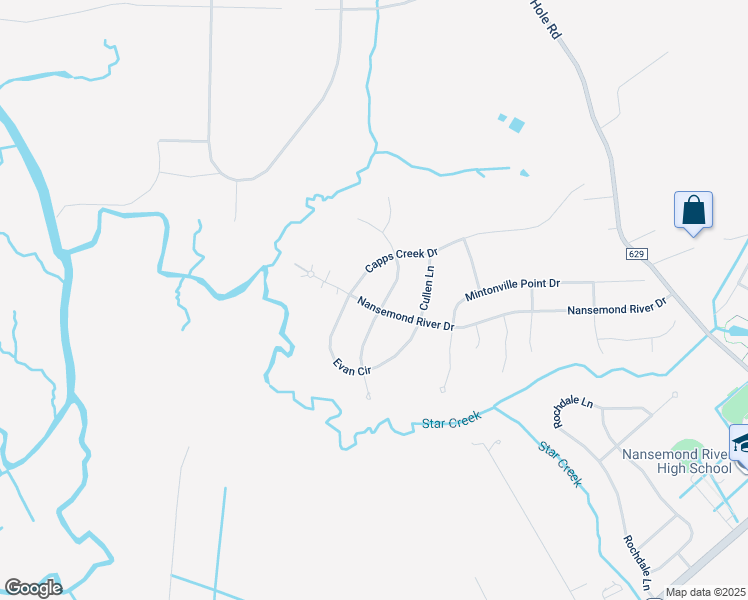 map of restaurants, bars, coffee shops, grocery stores, and more near 4301 Edgewater Lane in Suffolk