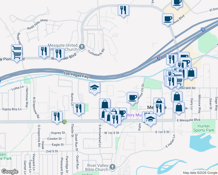 map of restaurants, bars, coffee shops, grocery stores, and more near 341 North Camellia Court in Mesquite