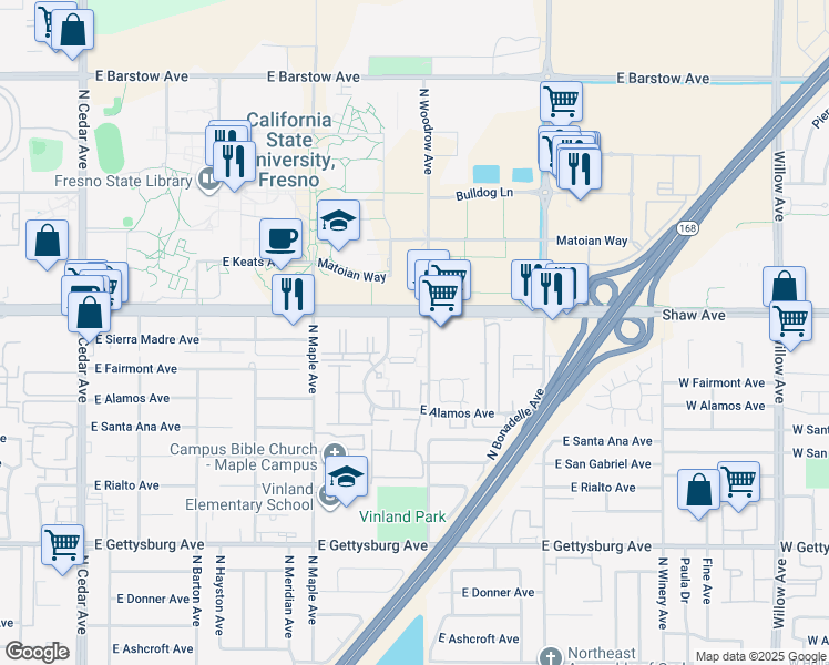 map of restaurants, bars, coffee shops, grocery stores, and more near 4966 North Backer Avenue in Fresno