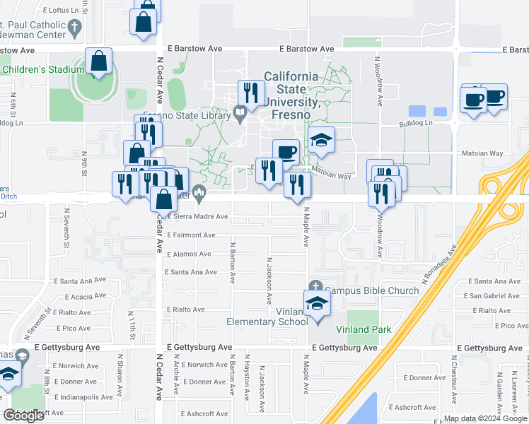 map of restaurants, bars, coffee shops, grocery stores, and more near 2297 East Shaw Avenue in Fresno