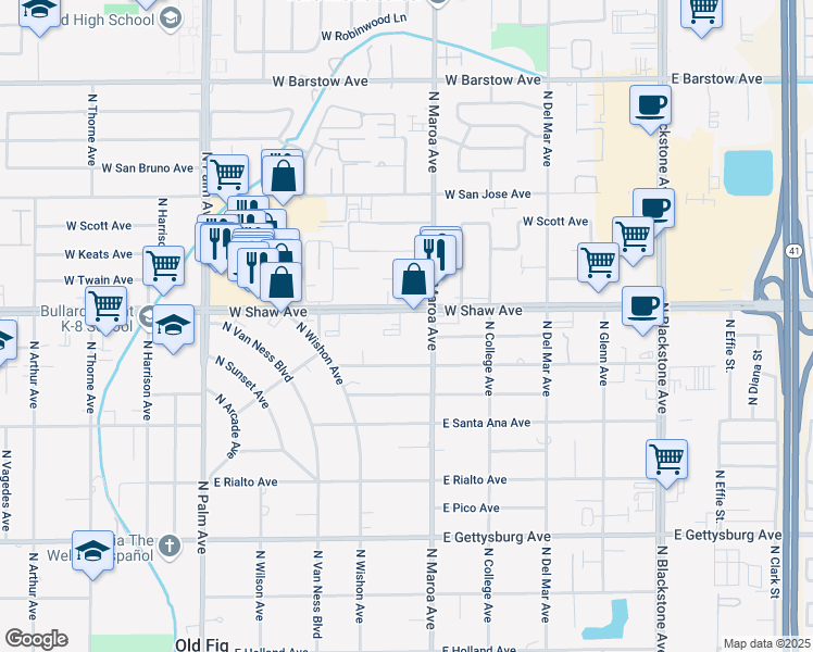 map of restaurants, bars, coffee shops, grocery stores, and more near 422 West Shaw Avenue in Fresno