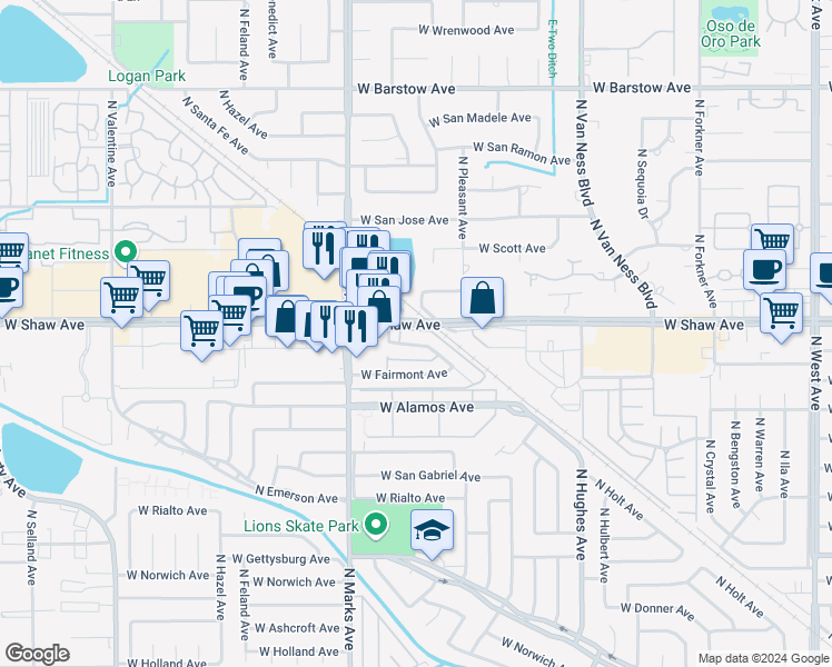 map of restaurants, bars, coffee shops, grocery stores, and more near 2700 West Shaw Avenue in Fresno