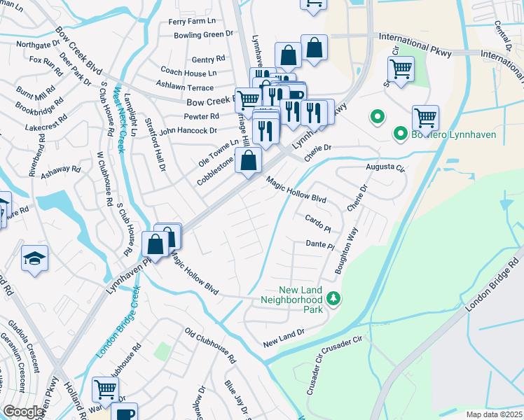 map of restaurants, bars, coffee shops, grocery stores, and more near 3000 Fawkes Court in Virginia Beach