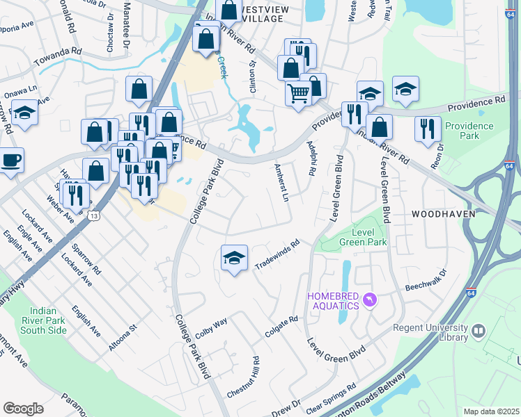 map of restaurants, bars, coffee shops, grocery stores, and more near 1001 Bennington Circle in Virginia Beach