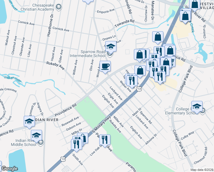 map of restaurants, bars, coffee shops, grocery stores, and more near 1704 Lockard Avenue in Chesapeake