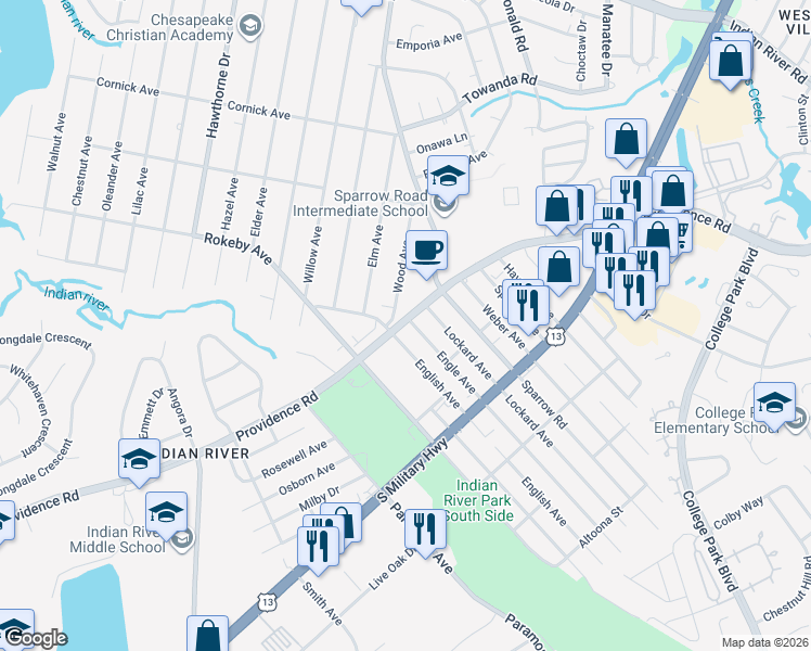 map of restaurants, bars, coffee shops, grocery stores, and more near 1620 Wood Avenue in Chesapeake
