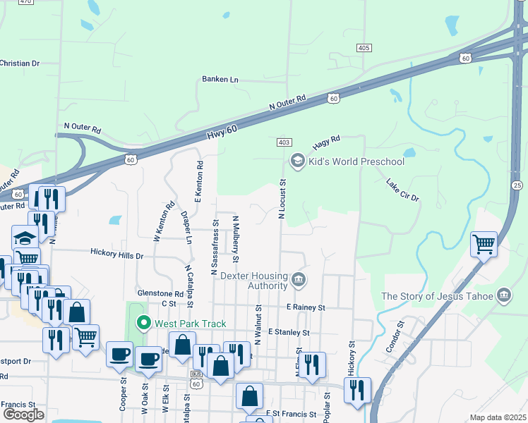 map of restaurants, bars, coffee shops, grocery stores, and more near 9 Apple Court in Dexter