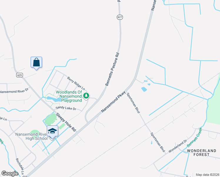 map of restaurants, bars, coffee shops, grocery stores, and more near 3621 Nansemond Parkway in Suffolk