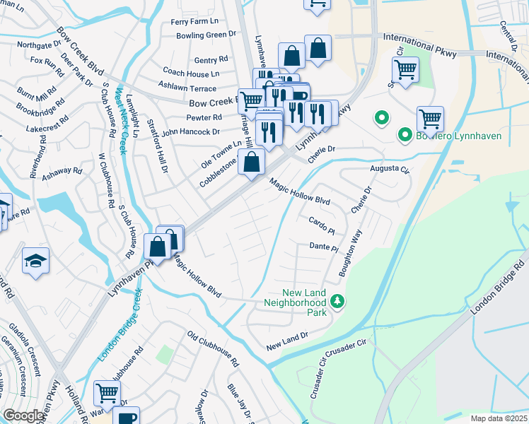 map of restaurants, bars, coffee shops, grocery stores, and more near 3000 Fawkes Court in Virginia Beach