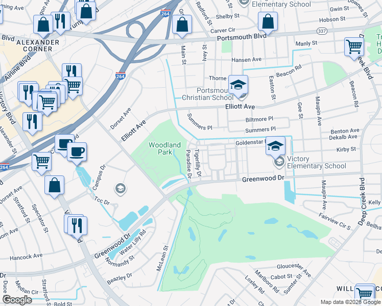 map of restaurants, bars, coffee shops, grocery stores, and more near 282 Paradise Drive in Portsmouth